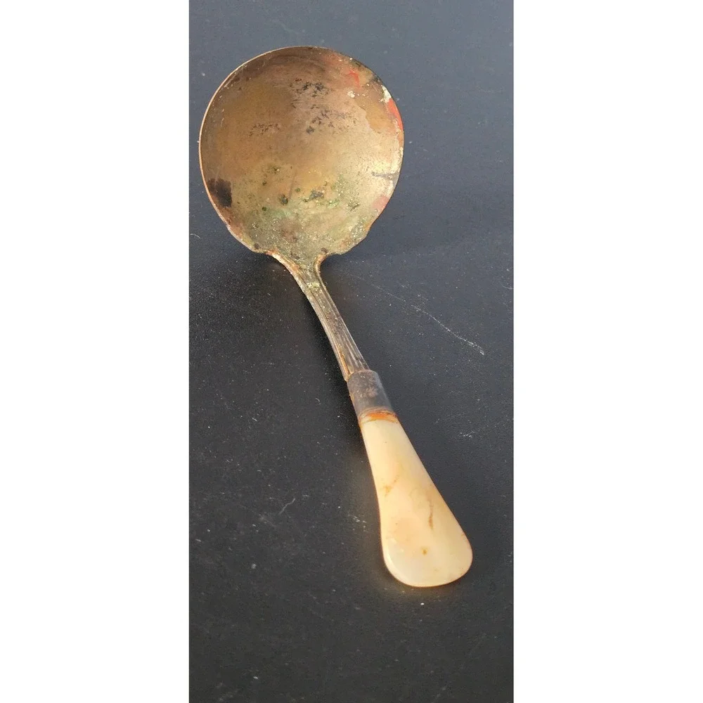 Antique Sterling Silver Mother of Pearl Handle Salt Condiment Spoon Patina 6